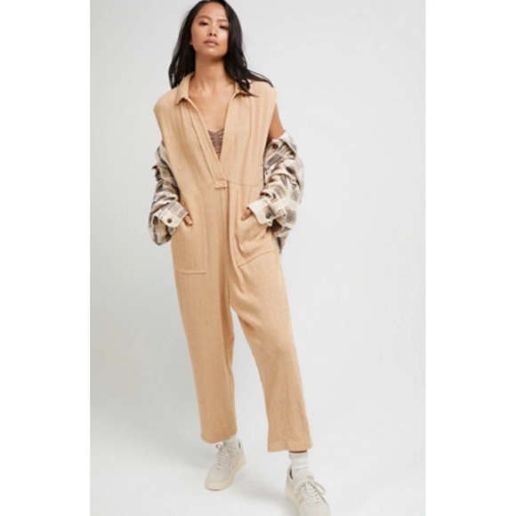 Free People Pants - Free People Beach Womens Jumpsuit, Romper, One Piece, Med, Camel, Relaxed, Comfy